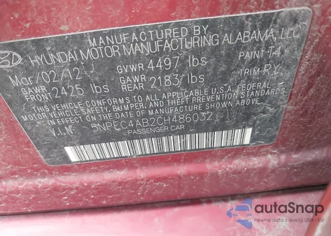 2012 Hyundai Sonata Se 2.0T z USA, uszkodzony, nr VIN 5NPEC4AB2CH486032